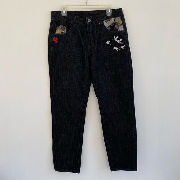 Customized Dark Wash Jeans with Japanese Style Designs - Picture 1 of 8